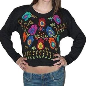 Jamie Scott Vintage Floral Embroidered Crew Neck Cropped Sweater Small Black NWT